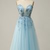 Prom Dresses HELLYMOON | A Line Strapless Beading Corset Prom Dress Sky Blue