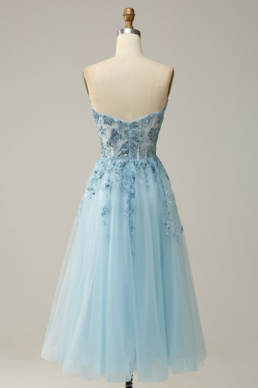 Prom Dresses HELLYMOON | A Line Strapless Beading Corset Prom Dress Sky Blue