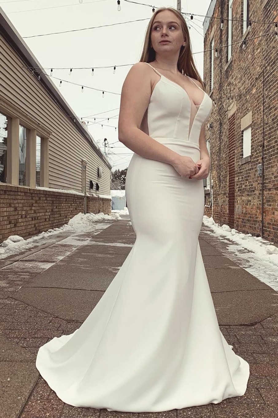 Wedding Dresses HELLYMOON | Mermaid Satin Spaghetti Straps Long Plus Size Wedding Dress With Button White