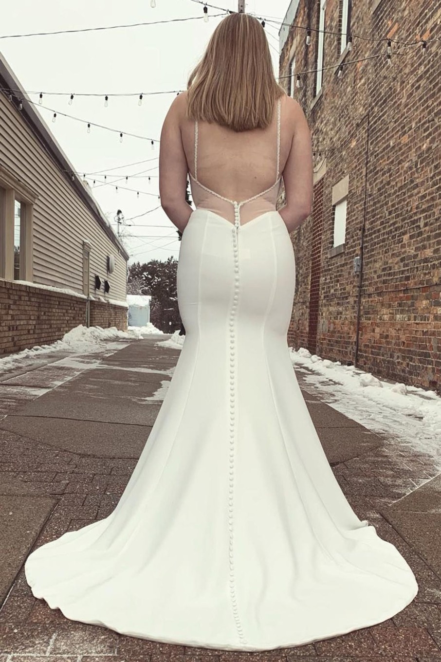 Wedding Dresses HELLYMOON | Mermaid Satin Spaghetti Straps Long Plus Size Wedding Dress With Button White