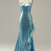 Prom Dresses HELLYMOON | Sequin Feathers Strapless Prom Dress With Slit Sky Blue