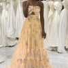 Prom Dresses HELLYMOON | A-Line Printed Spaghetti Straps Long Corset Prom Dress Yellow