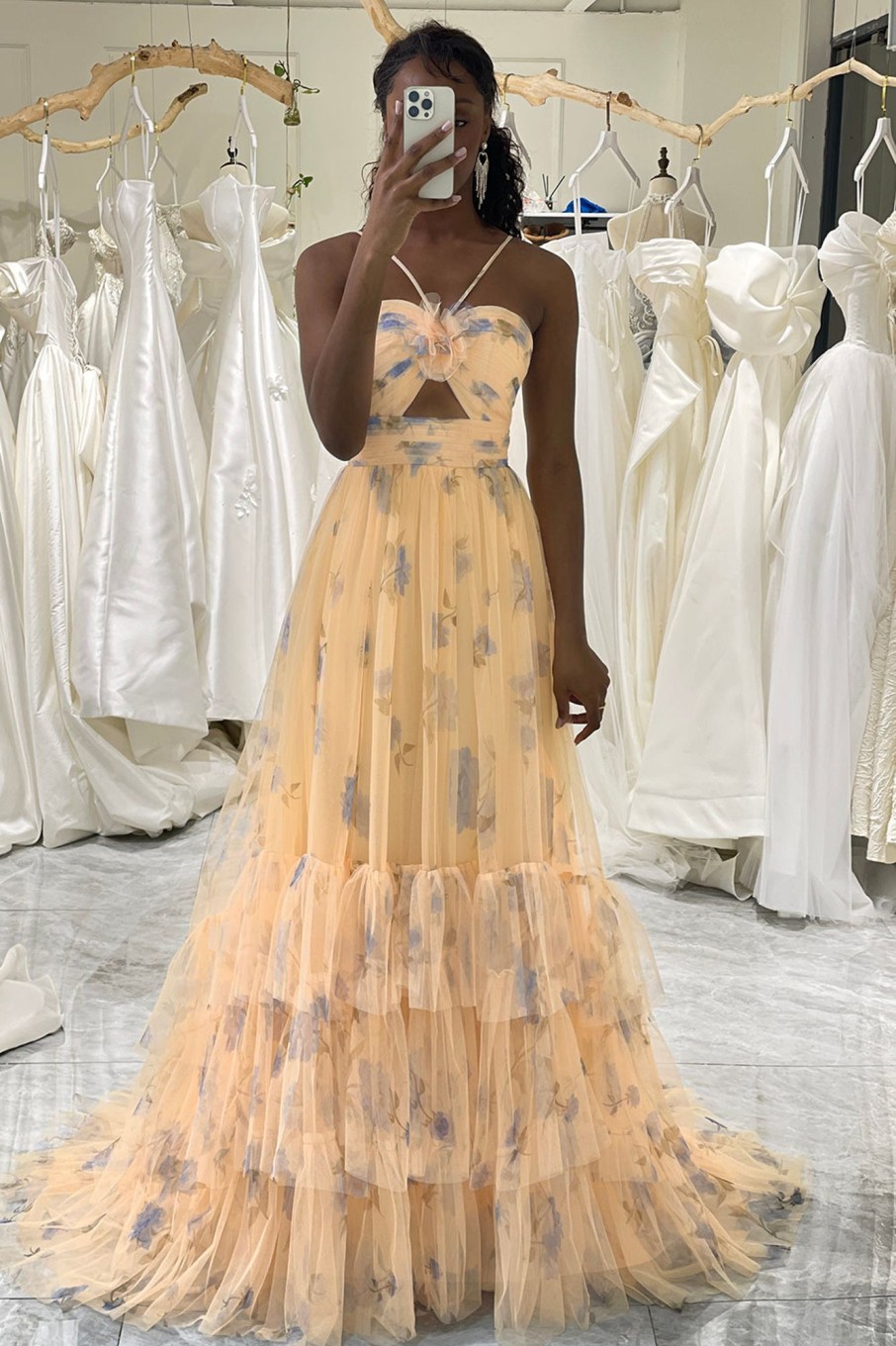 Prom Dresses HELLYMOON | A-Line Printed Spaghetti Straps Long Corset Prom Dress Yellow