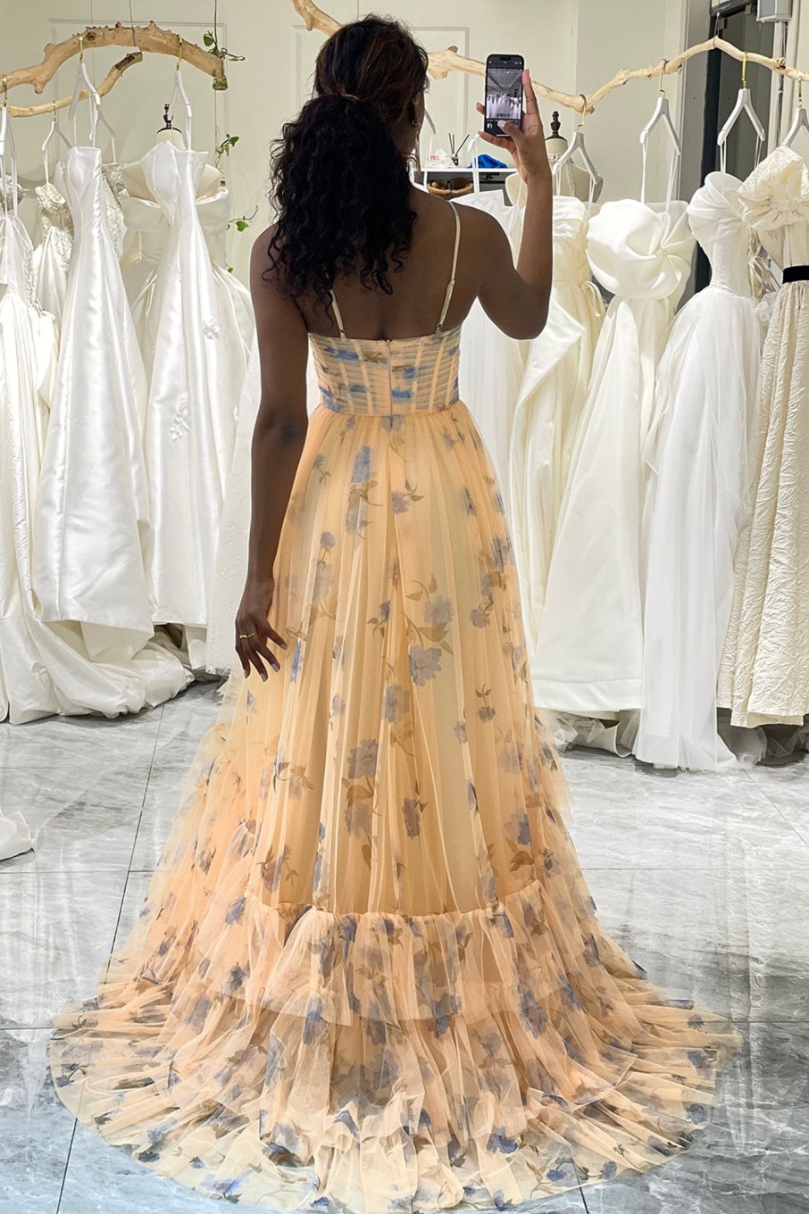 Prom Dresses HELLYMOON | A-Line Printed Spaghetti Straps Long Corset Prom Dress Yellow