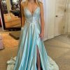 Special Occasion HELLYMOON | Beading Blue Long Prom Dress With Criss Cross Back Light Blue