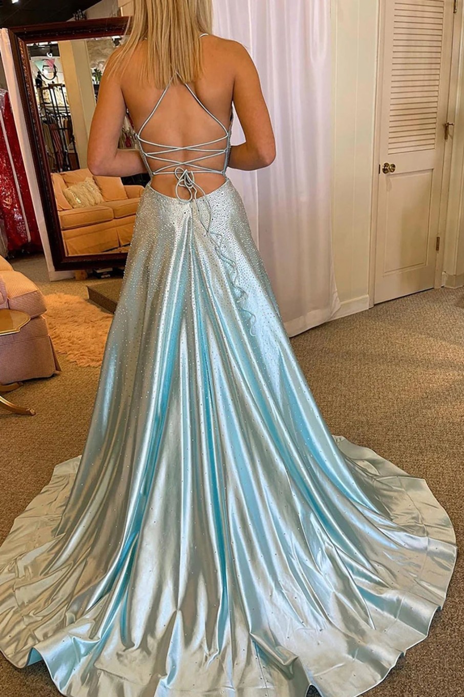 Special Occasion HELLYMOON | Beading Blue Long Prom Dress With Criss Cross Back Light Blue