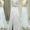 Prom Dresses HELLYMOON | A-Line V-Neck Long Pleated Corset Prom Dress With Slit Silver