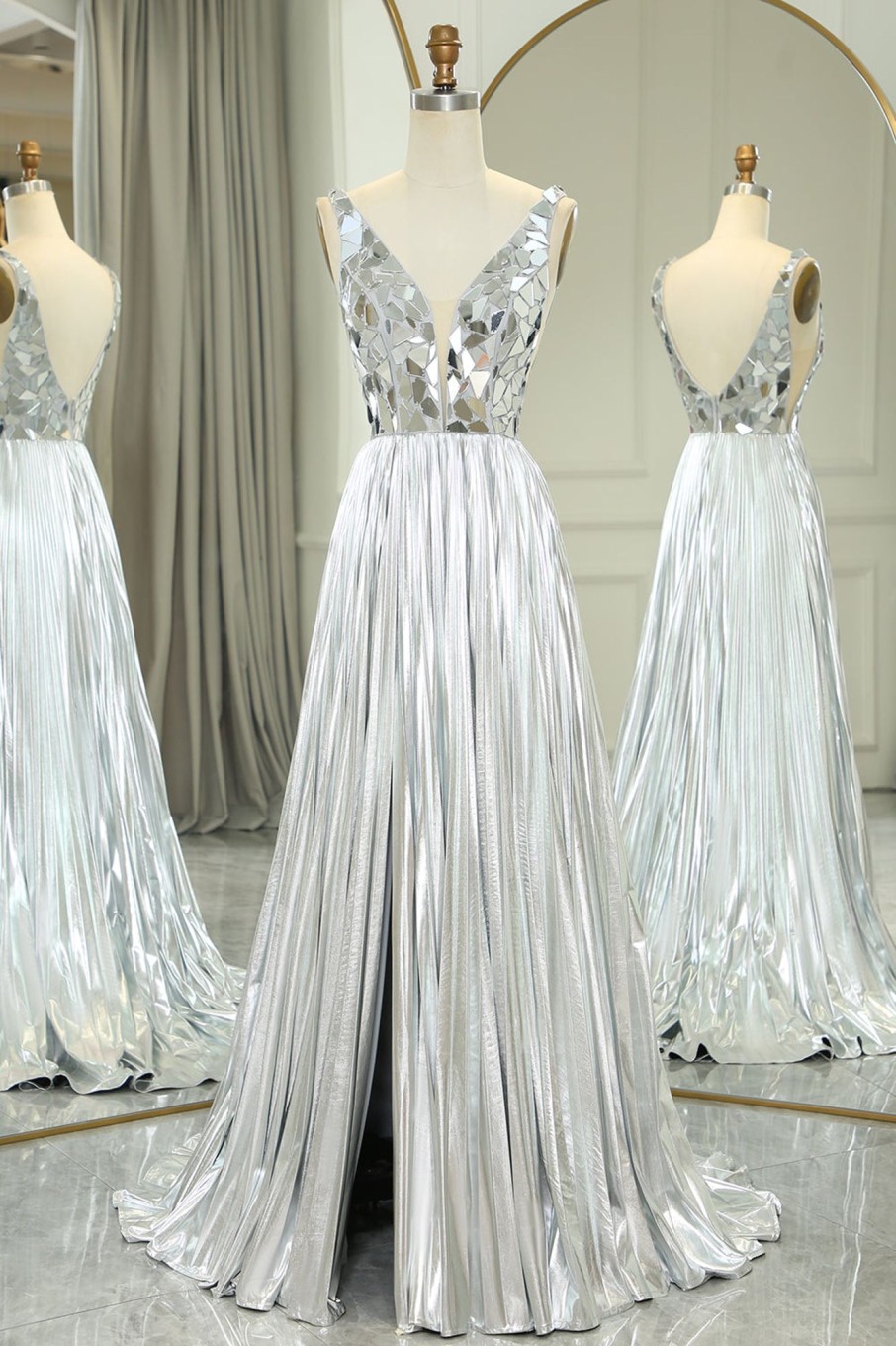 Prom Dresses HELLYMOON | A-Line V-Neck Long Pleated Corset Prom Dress With Slit Silver