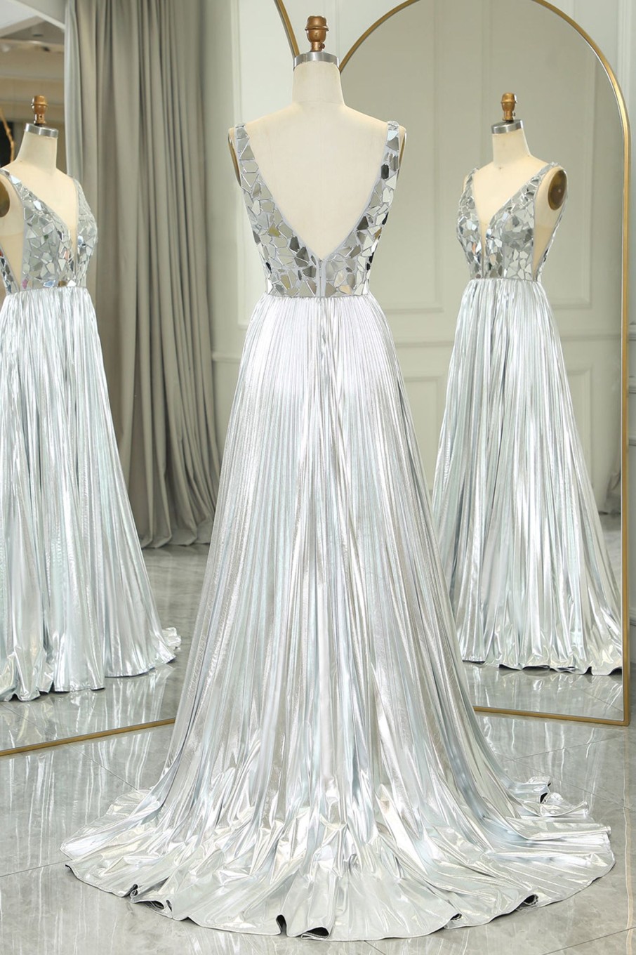 Prom Dresses HELLYMOON | A-Line V-Neck Long Pleated Corset Prom Dress With Slit Silver