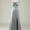 Special Occasion HELLYMOON | Spaghetti Straps Satin Prom Formal Dress With Slit Grey