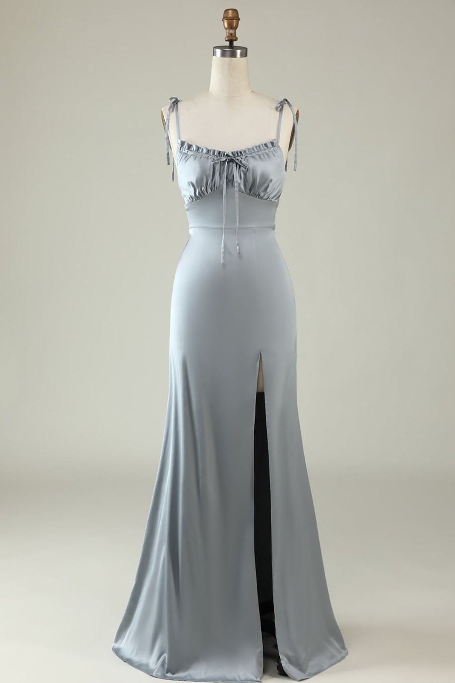 Special Occasion HELLYMOON | Spaghetti Straps Satin Prom Formal Dress With Slit Grey