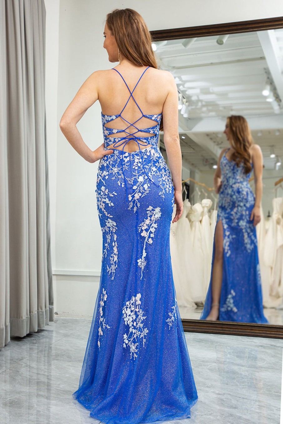 Special Occasion HELLYMOON | Mermaid Spaghetti Straps Long Prom Dress With Appliques Blue