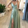 Prom Dresses HELLYMOON | Sage Satin Long Prom Dress With Slit