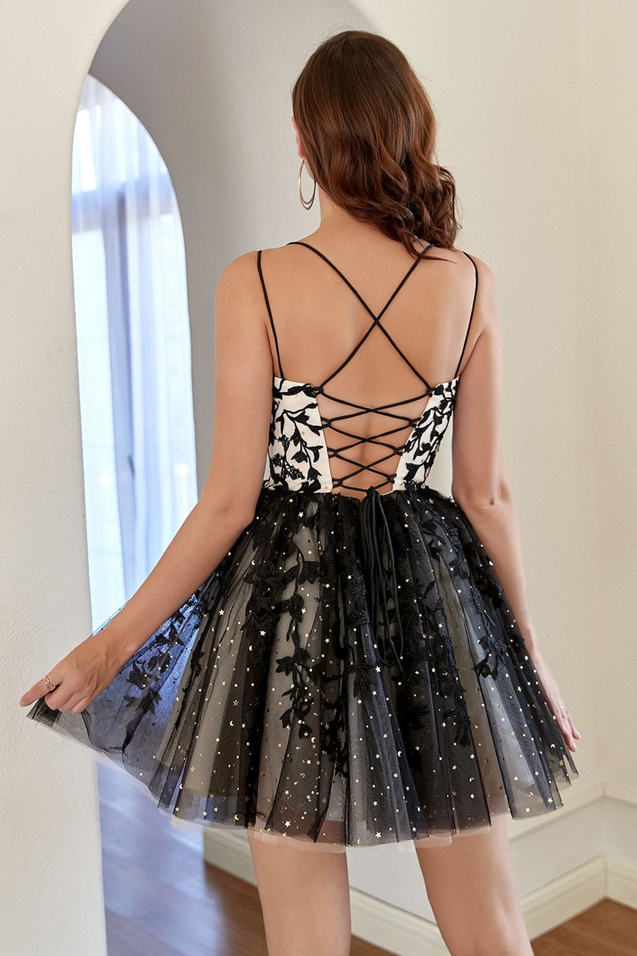 Special Occasion HELLYMOON | Stylish A Line Spaghetti Straps Short Homecoming Dress With Appliques Black