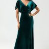 Partywear HELLYMOON | A Line V-Neck Peacock Velvet Bridesmaid Dress With Ruffles Peacock Green