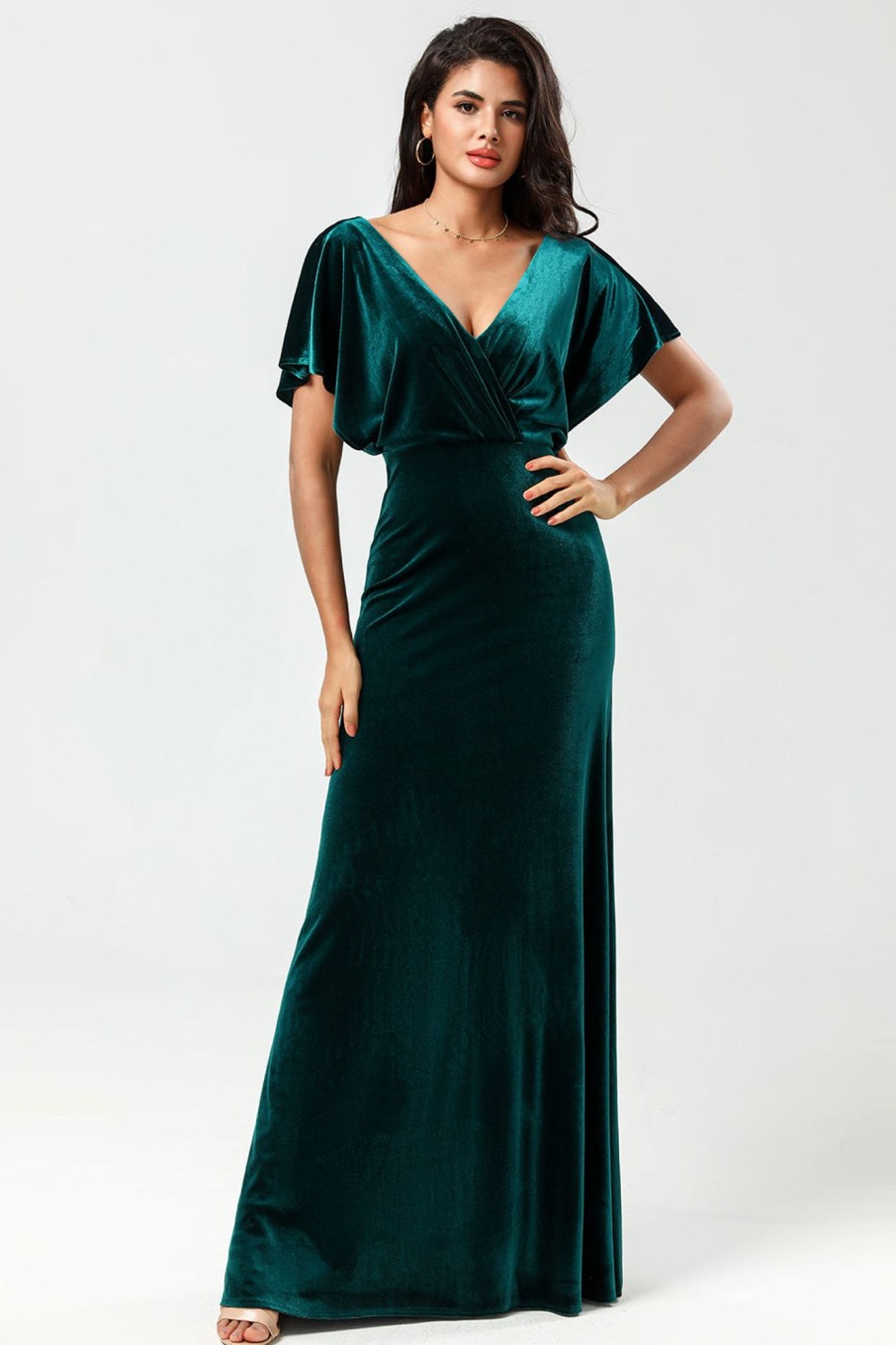 Partywear HELLYMOON | A Line V-Neck Peacock Velvet Bridesmaid Dress With Ruffles Peacock Green