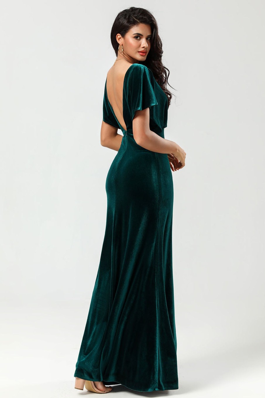 Partywear HELLYMOON | A Line V-Neck Peacock Velvet Bridesmaid Dress With Ruffles Peacock Green