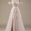 Wedding Dresses HELLYMOON | Champagne Tulle Detachable Off The Shoulder Wedding Dress With Lace Ivory