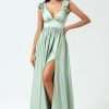 Partywear HELLYMOON | Deep V-Neck A Line Green Long Bridesmaid Dress With Ruffles