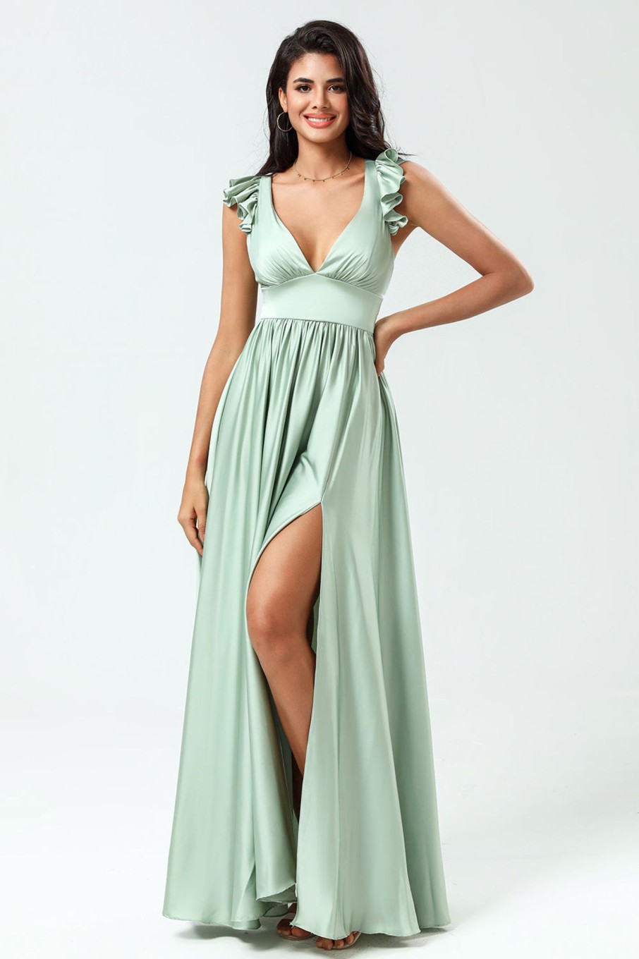 Partywear HELLYMOON | Deep V-Neck A Line Green Long Bridesmaid Dress With Ruffles