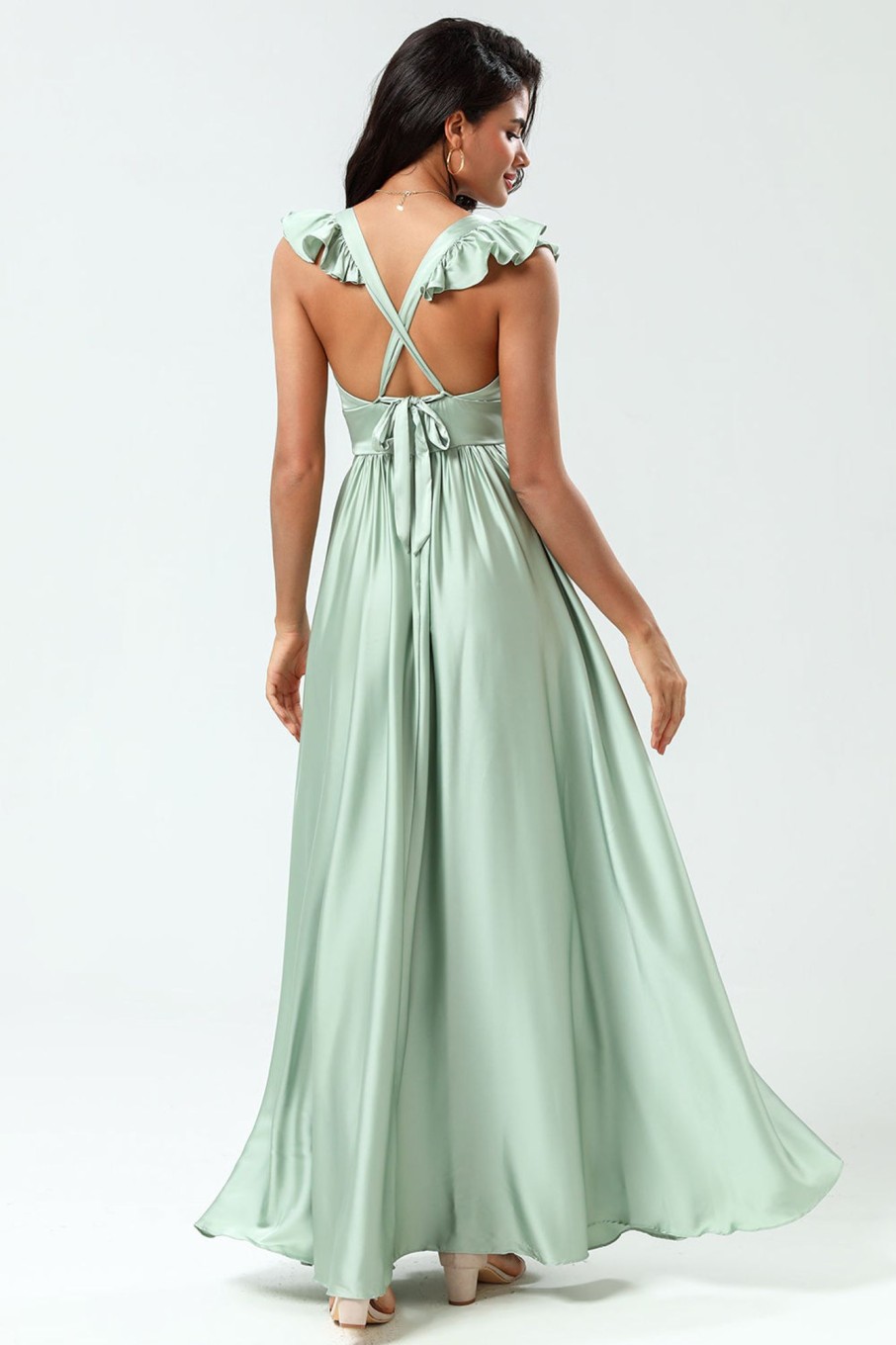 Partywear HELLYMOON | Deep V-Neck A Line Green Long Bridesmaid Dress With Ruffles