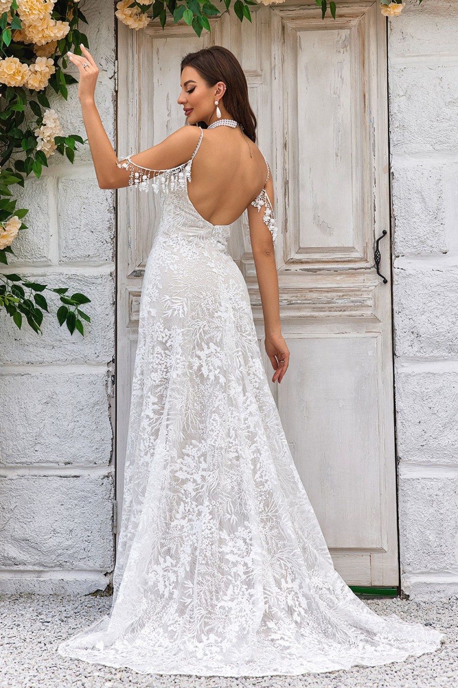 Wedding Dresses HELLYMOON | Mermaid Spaghetti Straps Wedding Dress With Fringes Lace Ivory