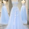 Prom Dresses HELLYMOON | A-Line Tulle Spaghetti Straps Prom Dress With Appliques Sky Blue