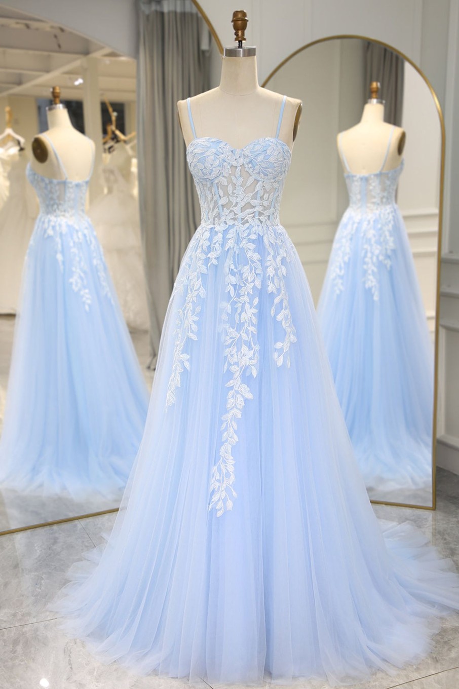 Prom Dresses HELLYMOON | A-Line Tulle Spaghetti Straps Prom Dress With Appliques Sky Blue