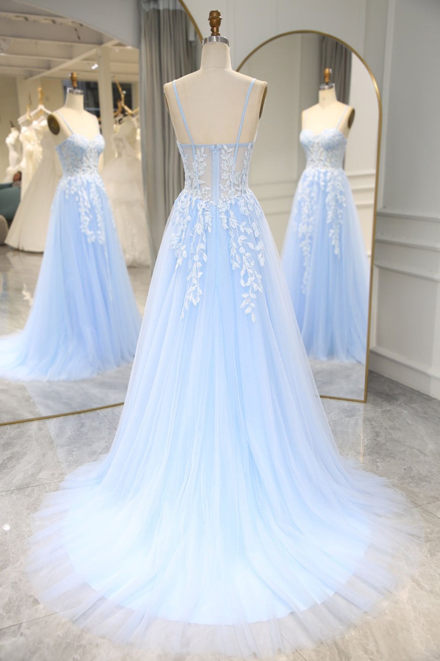 Prom Dresses HELLYMOON | A-Line Tulle Spaghetti Straps Prom Dress With Appliques Sky Blue