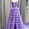 Prom Dresses HELLYMOON | A Line Spaghetti Straps Tulle Long Tiered Prom Dress Purple