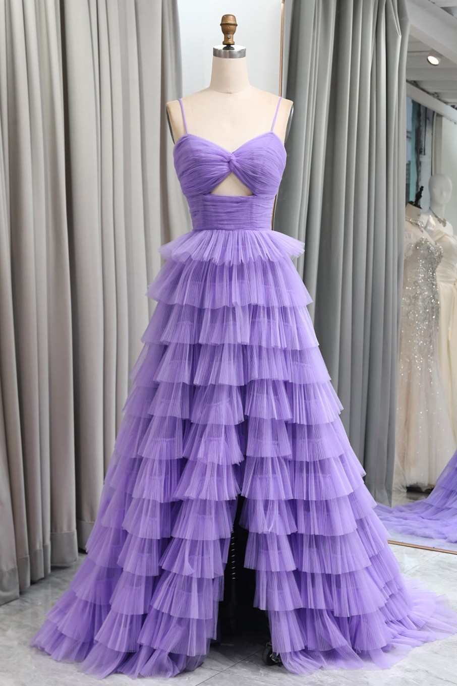 Prom Dresses HELLYMOON | A Line Spaghetti Straps Tulle Long Tiered Prom Dress Purple