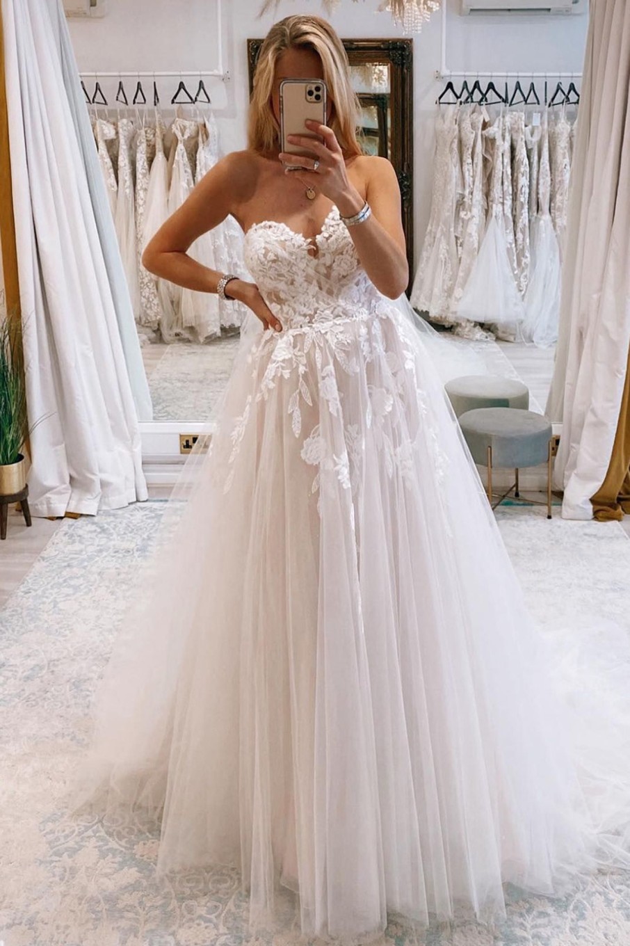 Wedding Dresses HELLYMOON | Long Tulle A-Line Wedding Dress With Lace Ivory