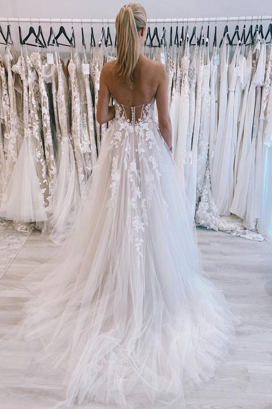 Wedding Dresses HELLYMOON | Long Tulle A-Line Wedding Dress With Lace Ivory