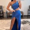 Prom Dresses HELLYMOON | Blue Hollow-Out One Shoulder Sequin Prom Dress With Slit Royal Blue