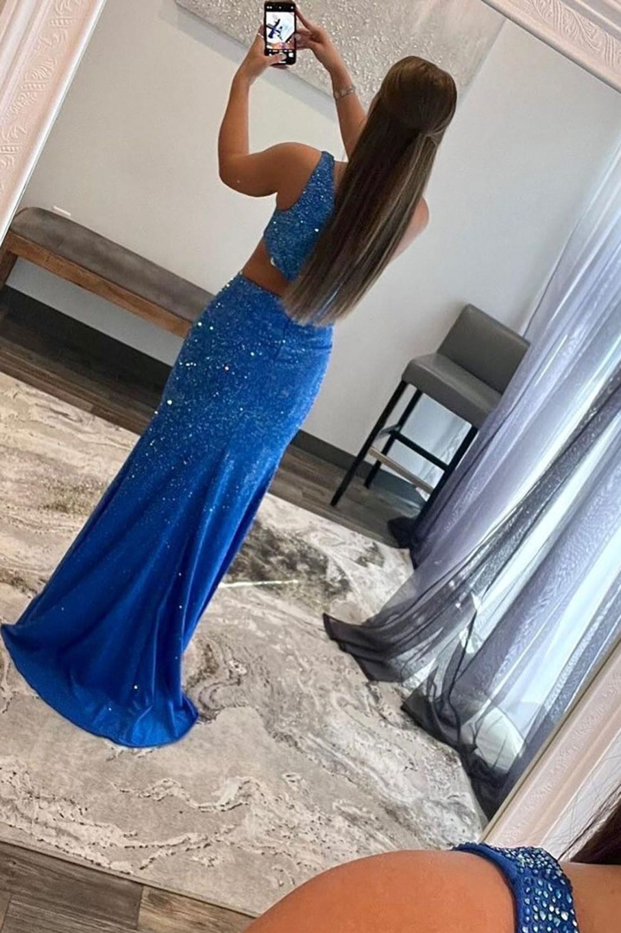 Prom Dresses HELLYMOON | Blue Hollow-Out One Shoulder Sequin Prom Dress With Slit Royal Blue