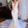 Wedding Dresses HELLYMOON | V-Neck Mermaid Long Lace Wedding Dress White