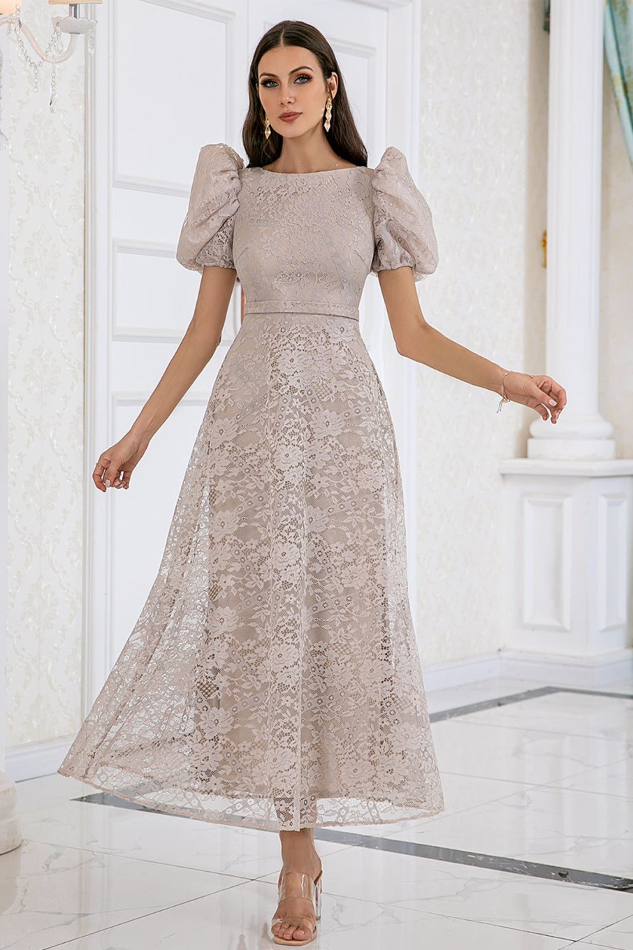 Special Occasion HELLYMOON | Lace Prom Dress With Short Sleeves Champagne