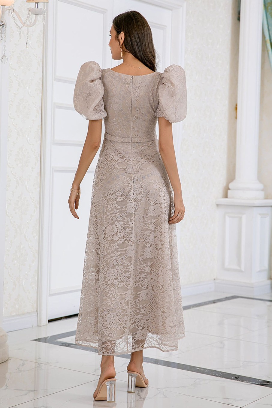 Special Occasion HELLYMOON | Lace Prom Dress With Short Sleeves Champagne