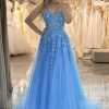 Prom Dresses HELLYMOON | A-Line Spaghetti Straps Tulle Long Prom Dress With Appliques Blue