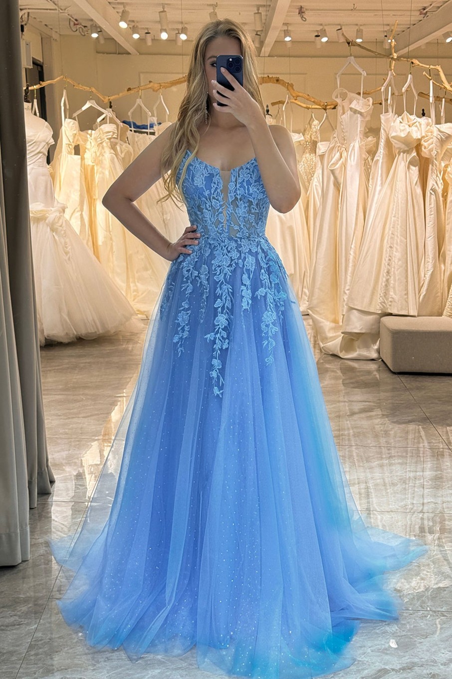 Prom Dresses HELLYMOON | A-Line Spaghetti Straps Tulle Long Prom Dress With Appliques Blue