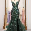 Prom Dresses HELLYMOON | Sparkly Mermaid Spaghetti Straps Beaded Prom Dress With Split Dark Green