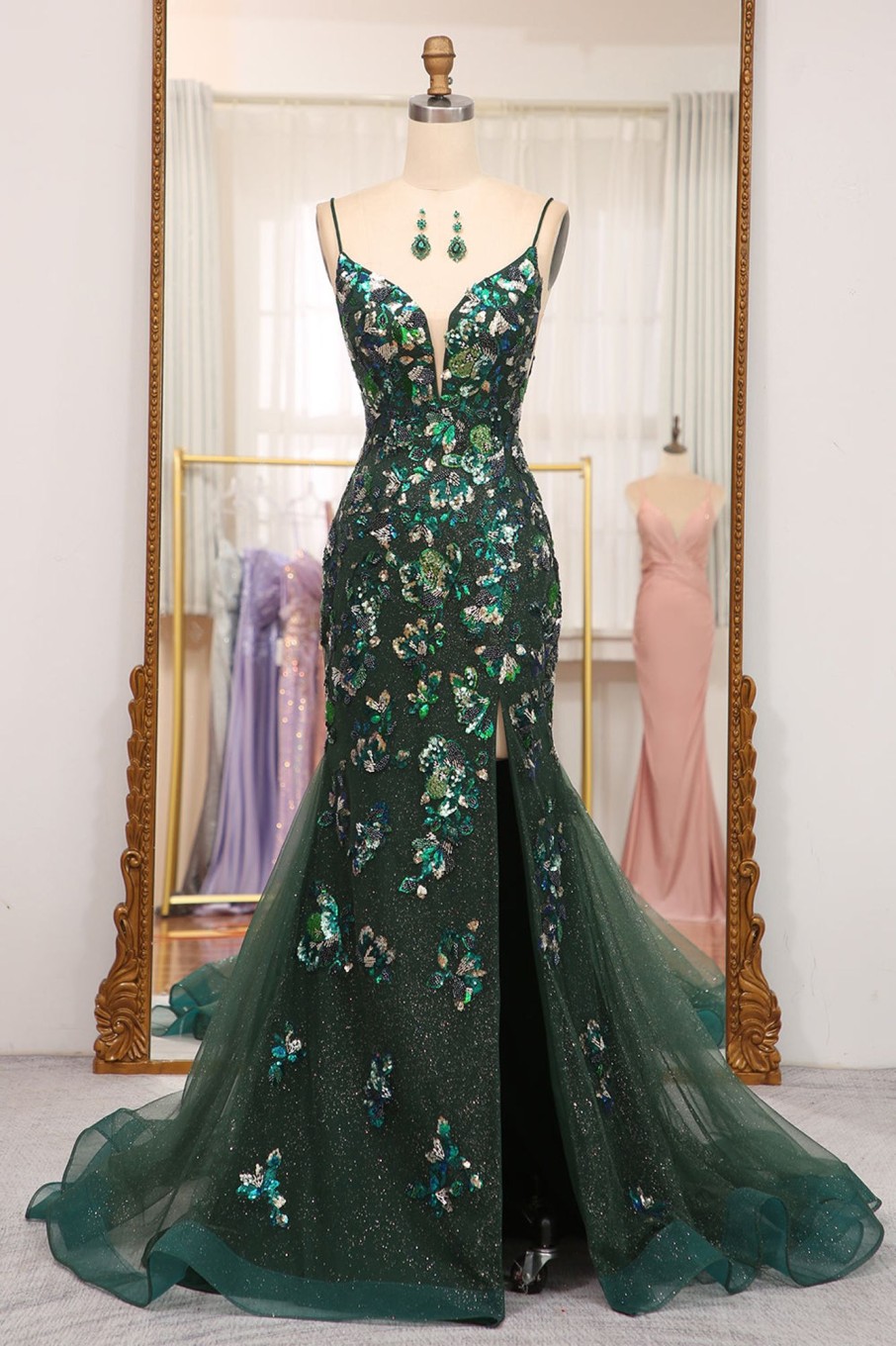 Prom Dresses HELLYMOON | Sparkly Mermaid Spaghetti Straps Beaded Prom Dress With Split Dark Green