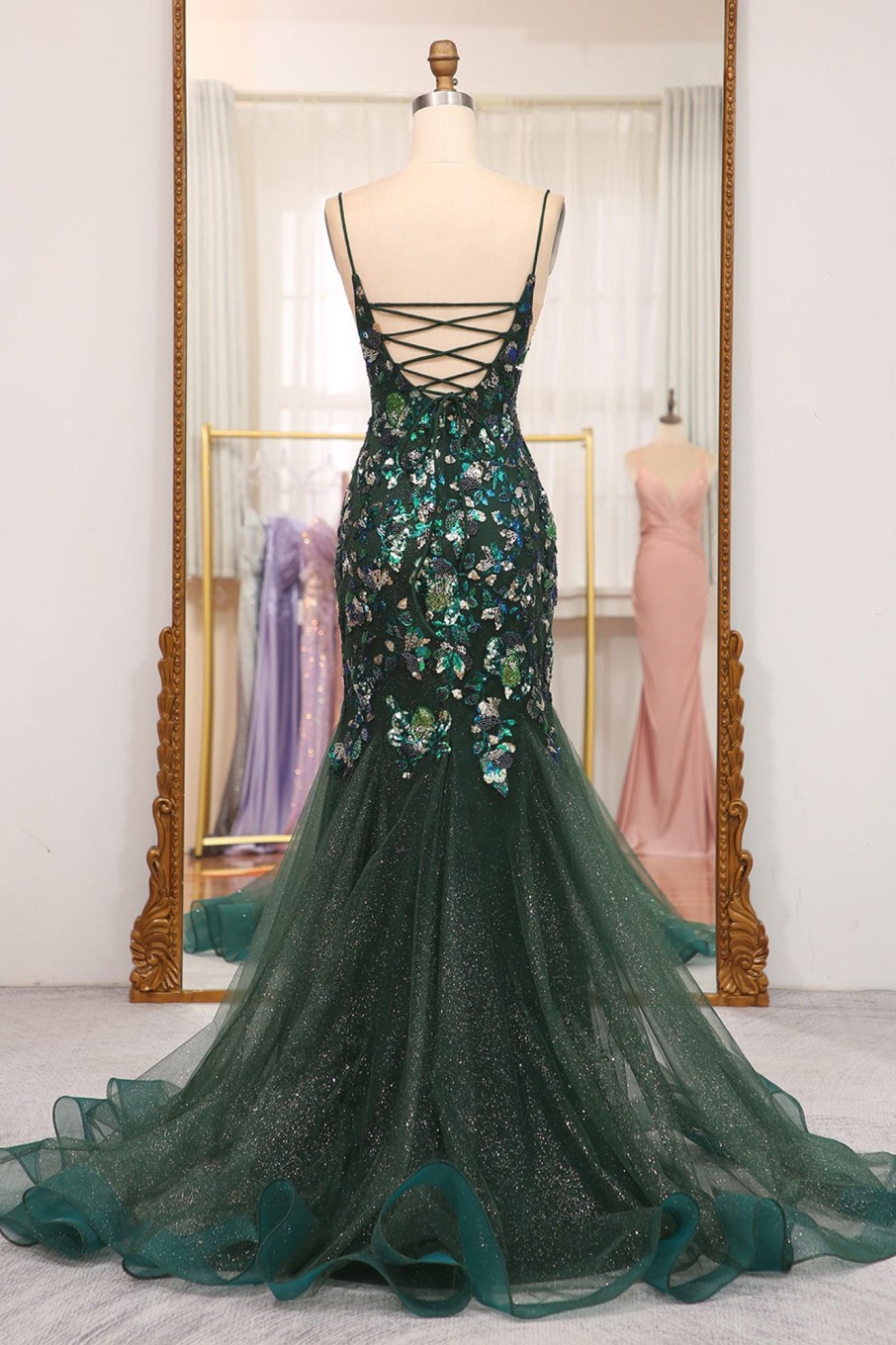 Prom Dresses HELLYMOON | Sparkly Mermaid Spaghetti Straps Beaded Prom Dress With Split Dark Green