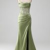 Prom Dresses HELLYMOON | Green Spaghetti Straps Satin Mermaid Corset Prom Dress Sage