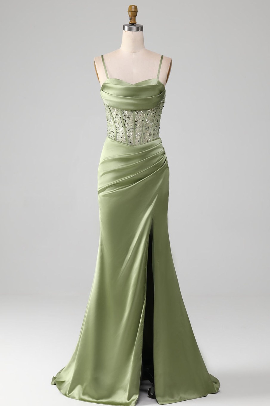 Prom Dresses HELLYMOON | Green Spaghetti Straps Satin Mermaid Corset Prom Dress Sage