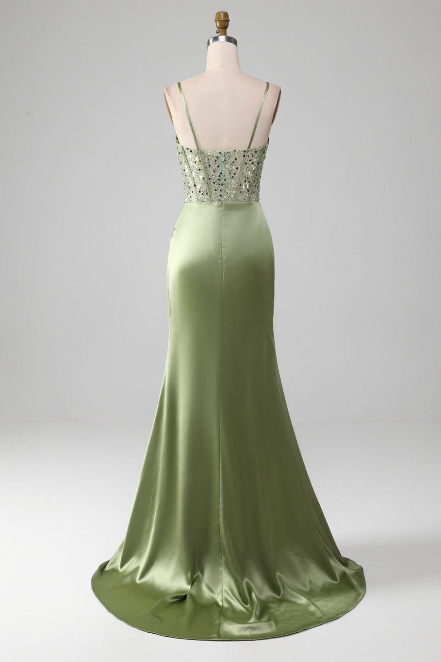 Prom Dresses HELLYMOON | Green Spaghetti Straps Satin Mermaid Corset Prom Dress Sage