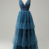 Prom Dresses HELLYMOON | A Line V-Neck Tiered Prom Dress Blue