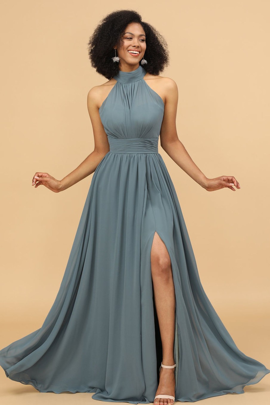 Partywear HELLYMOON | Halter Ruched Long Chiffon Bridesmaid Dress With Slit