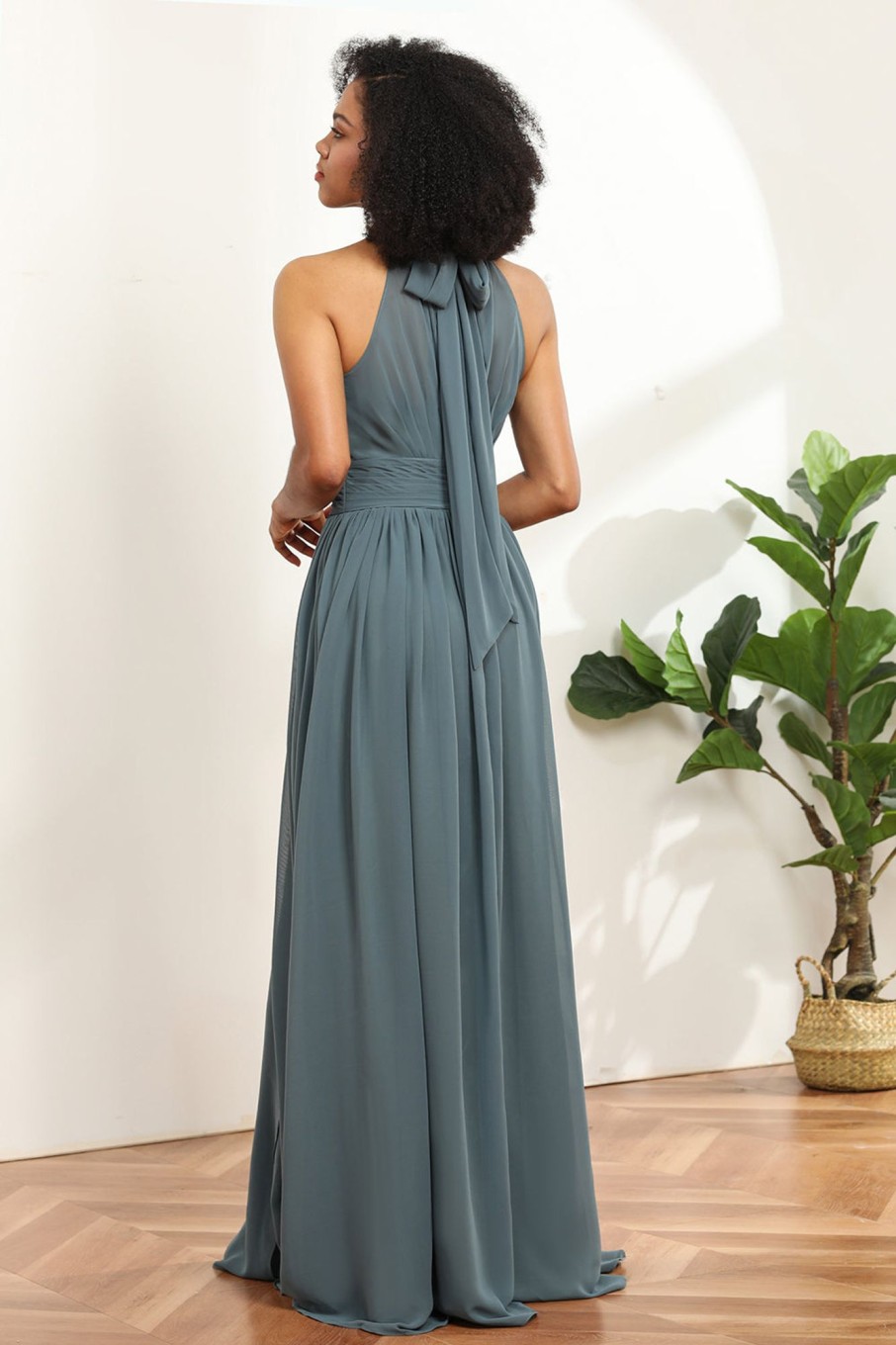 Partywear HELLYMOON | Halter Ruched Long Chiffon Bridesmaid Dress With Slit