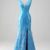 Prom Dresses HELLYMOON | Sparkly Mermaid V-Neck Long Prom Dress With Slit Blue